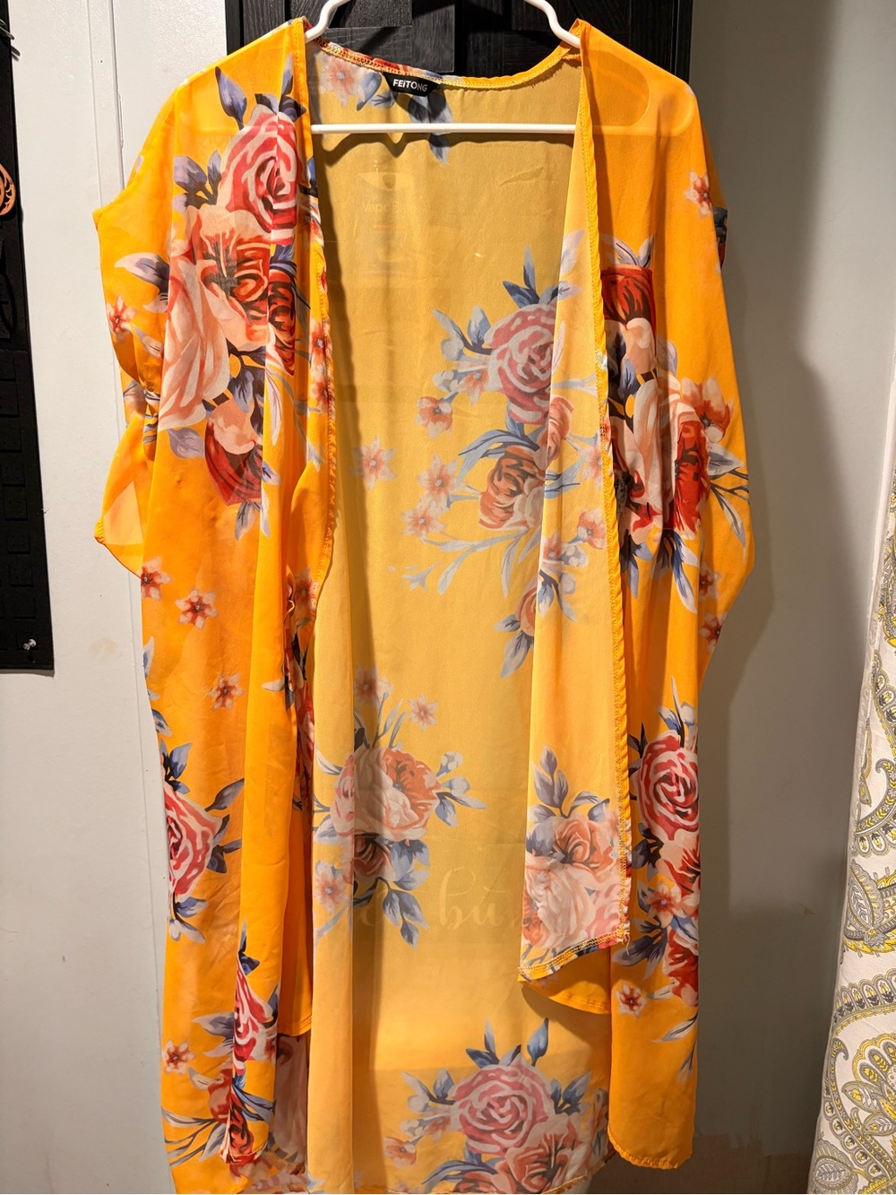 Fetichev Floral Open-Front Yellow Kimono Cardigan